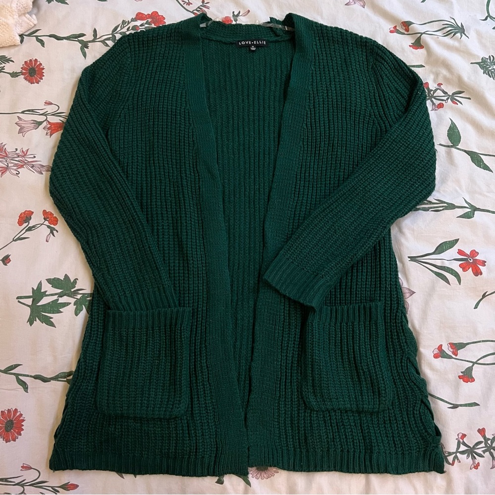 Forest Green Long Knit Cardigan w/ Braided Sides